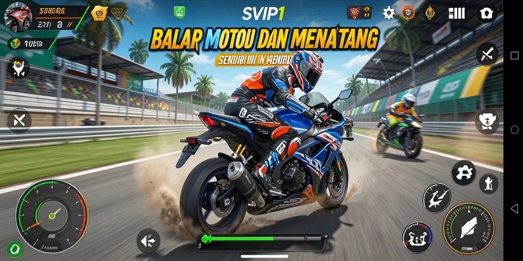 Tampilan gameplay menegangkan dari SVIP1 saat balapan motor.